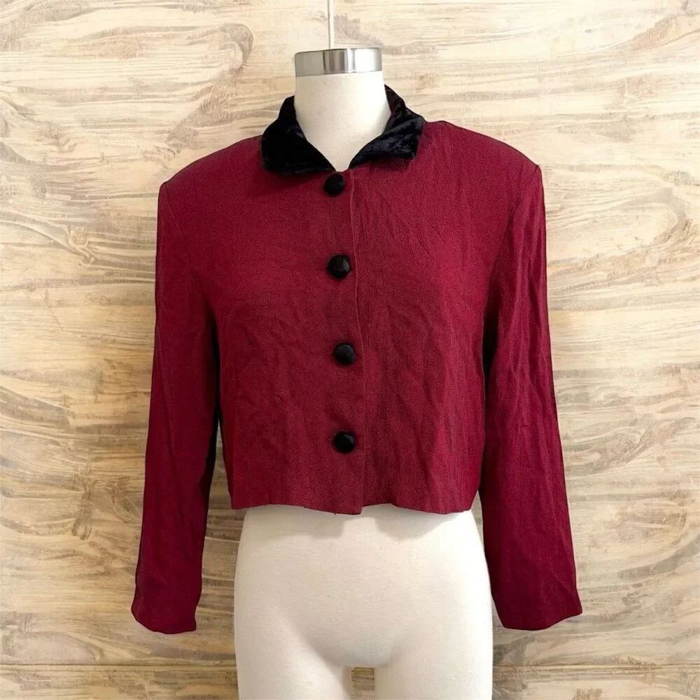 Vintage ED Michaels Red Black Velvet Cropped Button Jacket Blazer Medium